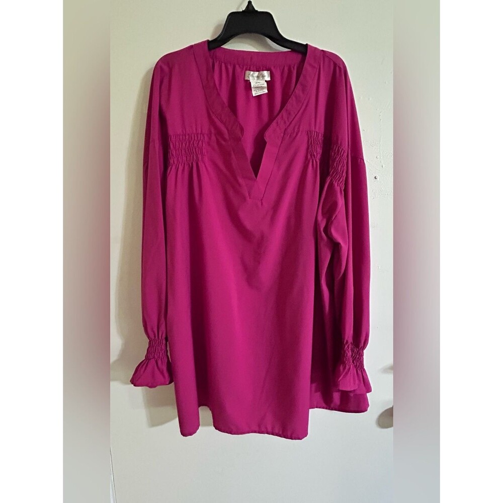 Paisley Vine 2X Fuchsia Long Sleeve Tunic Blouse V Neck Smocked Ruffle Cuff GUC